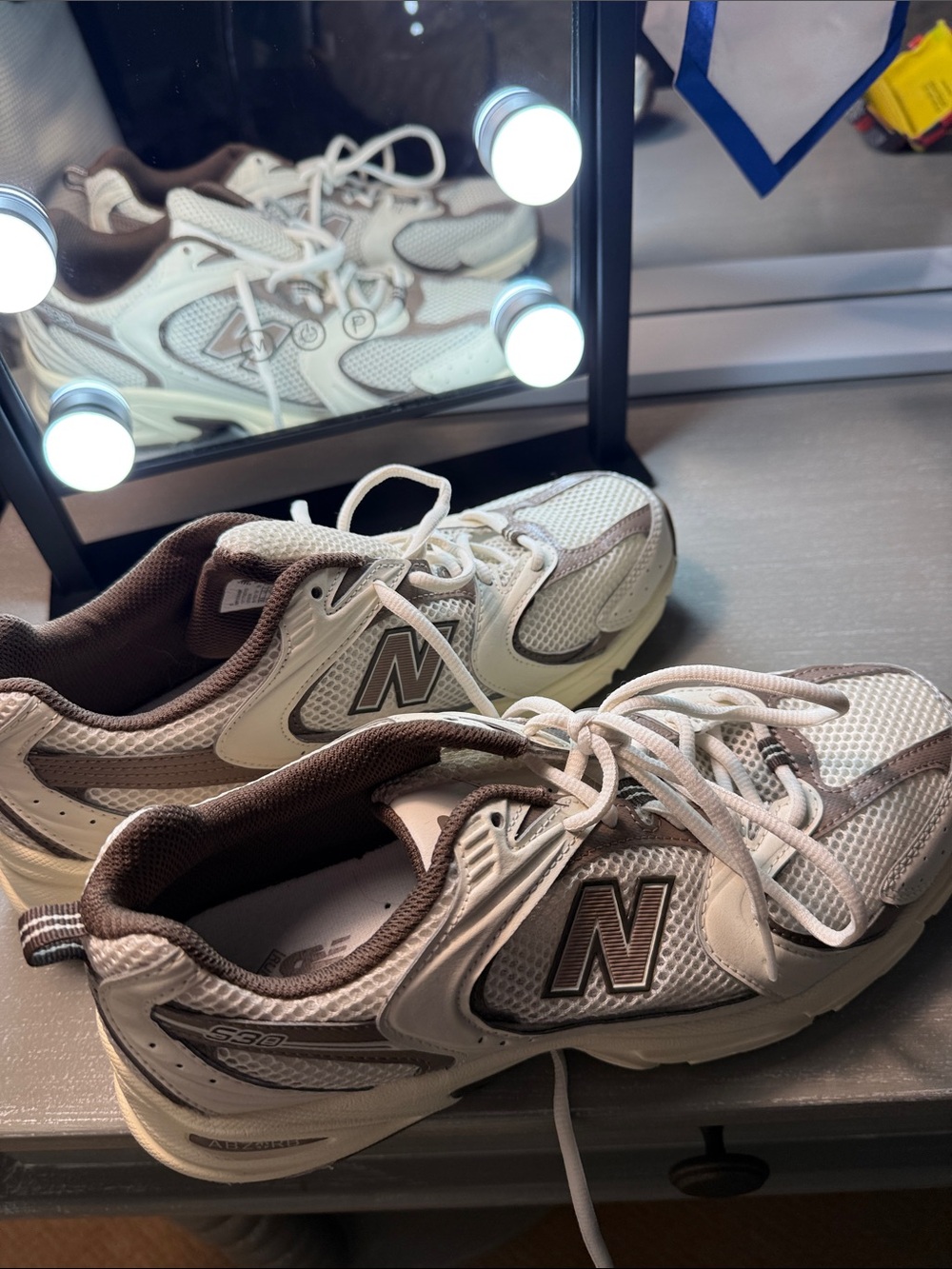New Balance White and Brown Kids Mesh Casual Sneakers